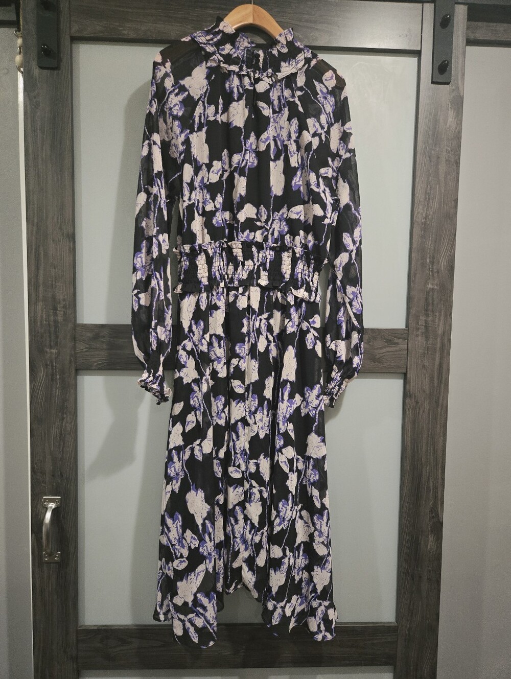 OPT Women's Long Sleeve Purple Floral Smocked Midi Dress Size Medium - Picture 3 of 8